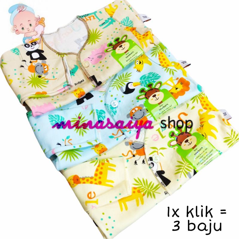 RIDGES 3 pcs Baju Bayi Baru Lahir SNI Lengan Panjang Newborn Kancing Depan Print Warna dan Polos