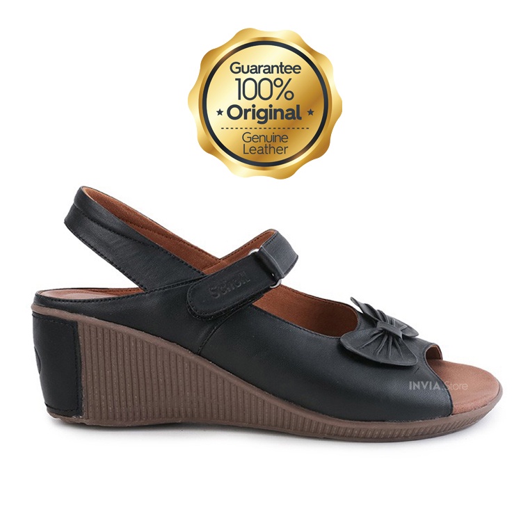 Scholl C1 Black | 100% Original | Sepatu Sandal Wedges Kulit Asli Genuine Leather