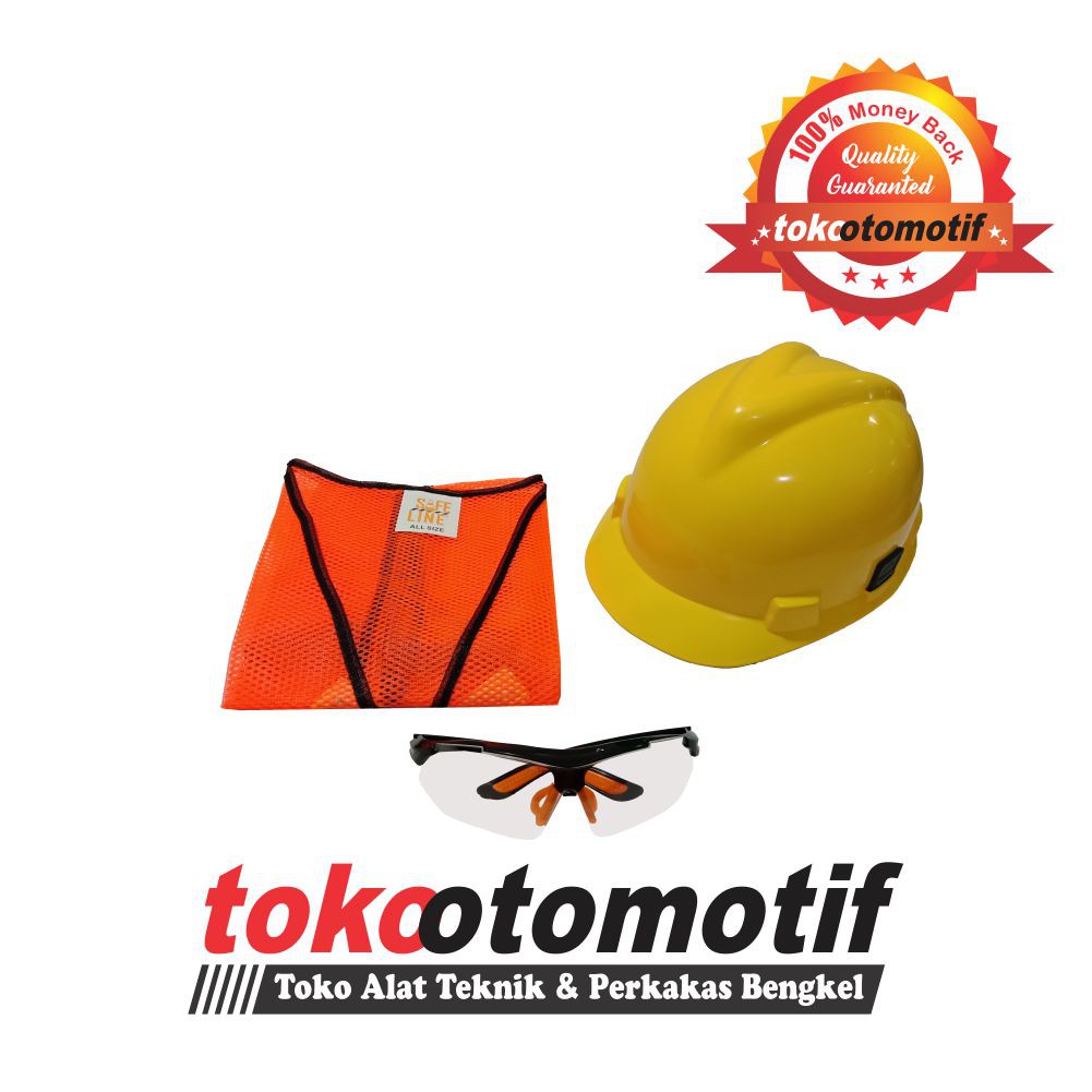 Paket Safety Rompi Jaring Orange, Helm Safety Putar Kuning & Kacamata