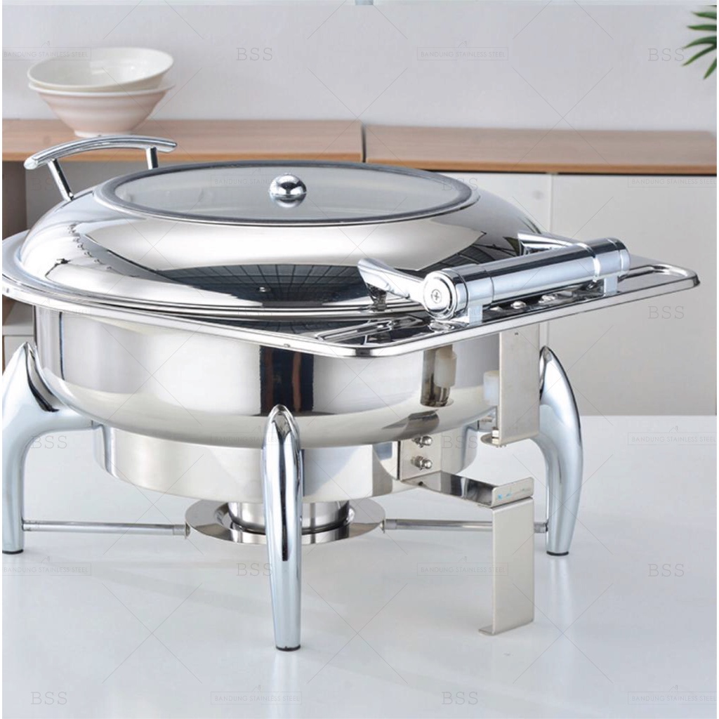 Chafing Dish Hidrolik Hydraulic 6L Prasmanan Stainless Kaca Tebal Kotak Bulat Wadah Tempat Makanan Saji Mewah Elegan