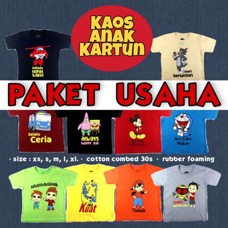 Paket Usaha Kaos Anak Motif Kartun Katun Combed 30S
