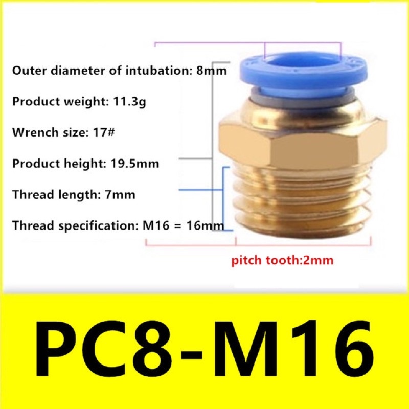 Pneumatic Fitting PC 8-M16 / 8mm-M16 Drat Luar