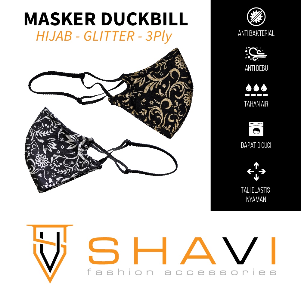 MASKER DUCKBILL HIJAB KAIN KATUN GLITTER 3 PLY / LAPIS TAHAN AIR
