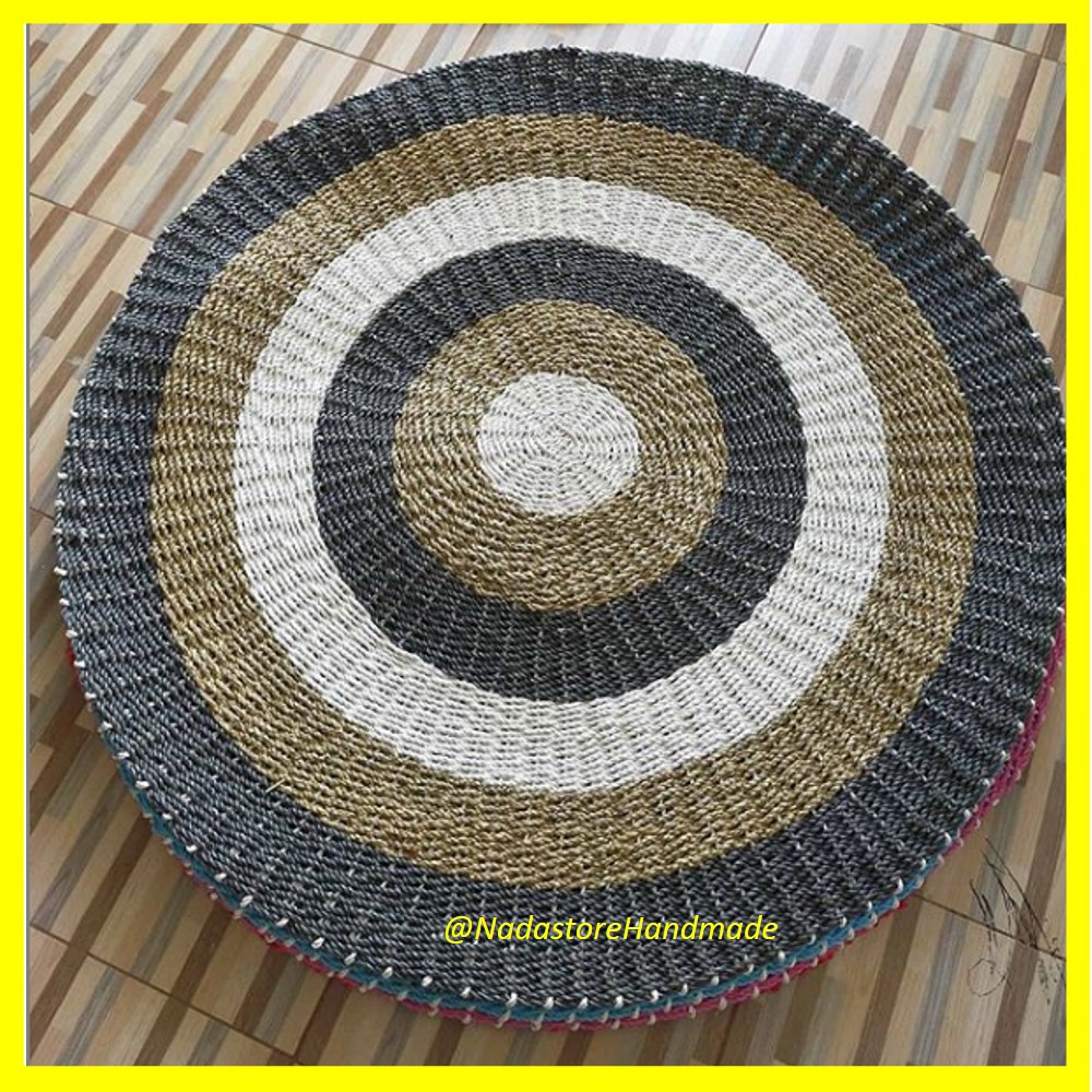 Rug seagrass Hitam kombi 120cm / Karpet anyaman Bulat motif hitam natural 6 lingkar