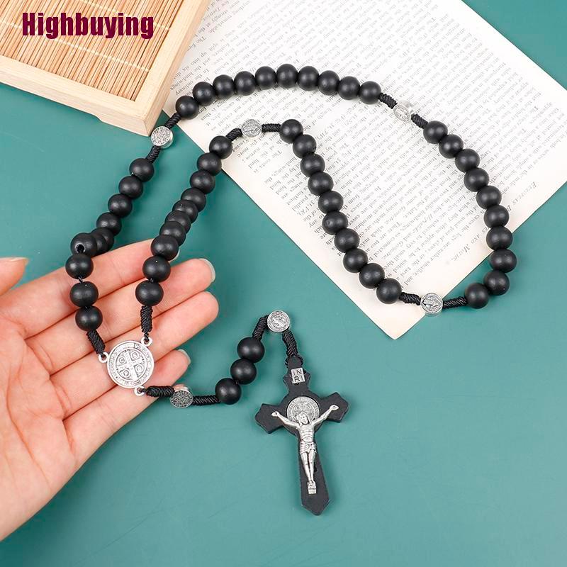 Hbid Kalung Doa Rosario Manik Kayu Hitam Pendant Salib Yesus Gaya Antik