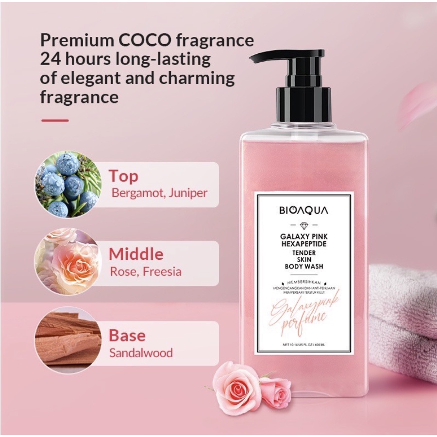 BIOAQUA 24K Gold Perfume Body Wash Sabun Mandi Cair Kecantikan 400ml Long Lasting Fragrance English Pear &amp; Freesia Scent Anti Acne Brightening Moisturizing Smooth Skin READY COD ORIGINAL BPOM