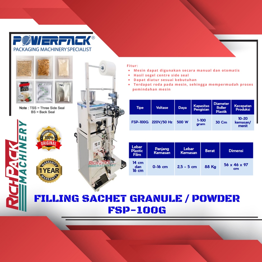 Powerpack FSP-100G Packing Sachet Machine Mesin Packing Sachet Granule Powder 100 Gram