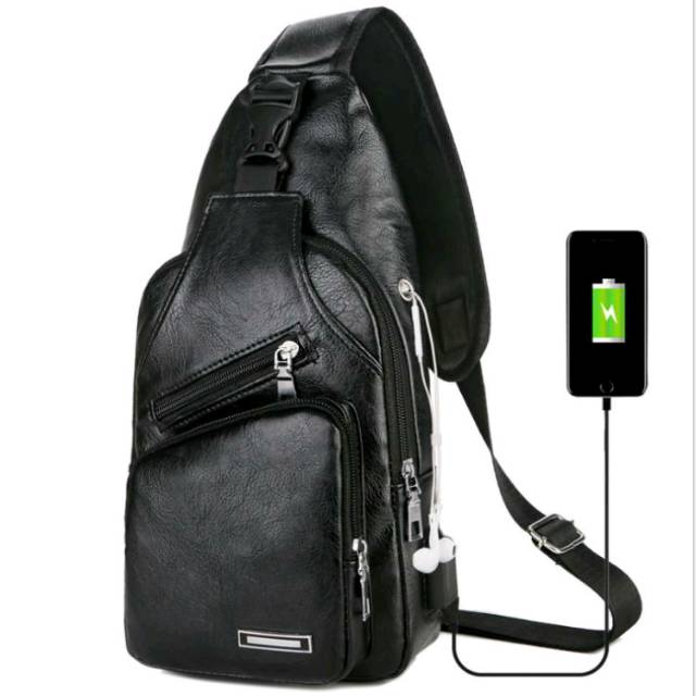 TAS SELEMPANG usb PRIA SLING BAG KULIT PU  USB Port