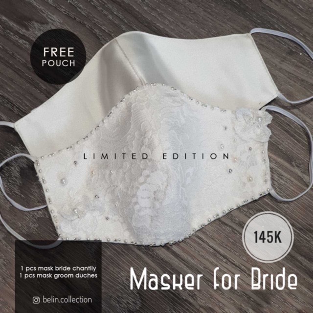 Masker Kain Brokat Pengantin | Satin Brokat Chantily | Putih / Hitam / Silver