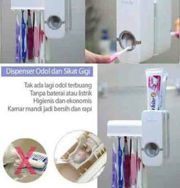 DISPENSER ODOL dan Tempat Sikat Gigi Toothpaste Dispenser &amp; Brush Set WHITE Pasta Gigi