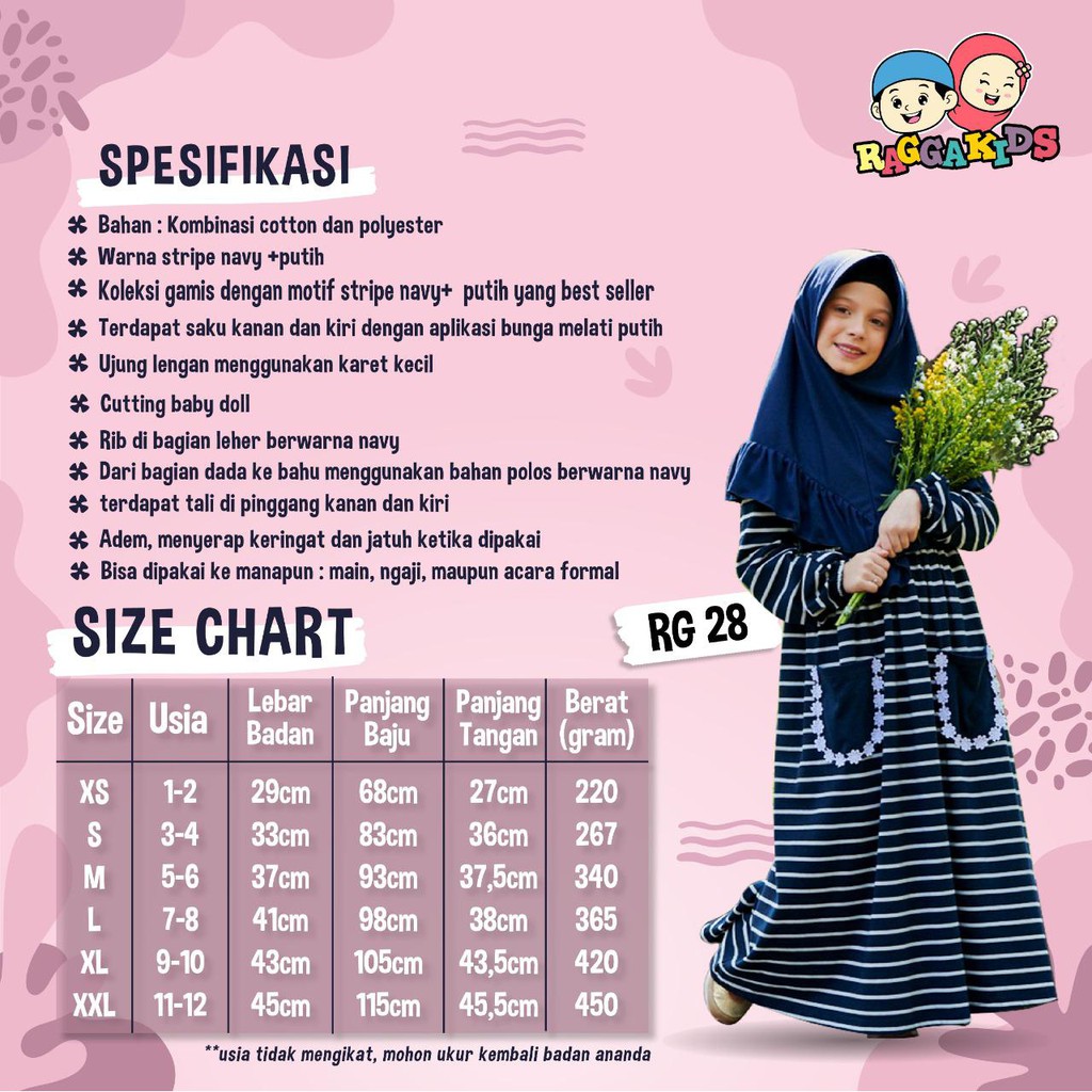 Gamis Anak Perempuan Tanggung Remaja Sarimbit Family Set Couple Baju Muslim Stripe Dress Bahan Kaos rg 28 Nyaman Branded Original Raggakids 2-13 Tahun