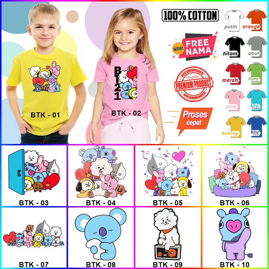 Baju Kaos ANAK DAN DEWASA KEKINIAN KARAKTER bt21 bt 21 COUPLE (FREE NAMA)