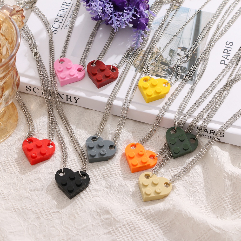 Unisex Heart Shaped Building Block Love Pendant Necklace Stitching Split Necklace Couple Necklace