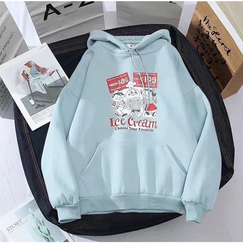 Ice Cream Vintage Hoodie Wanita Korean Style Bahan Flacee