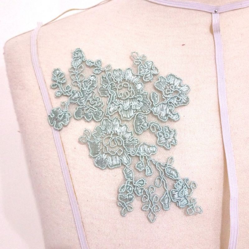 Aplikasi brokat tile kembang hiasan masker gamis kebaya perca bunga ice blue biru es