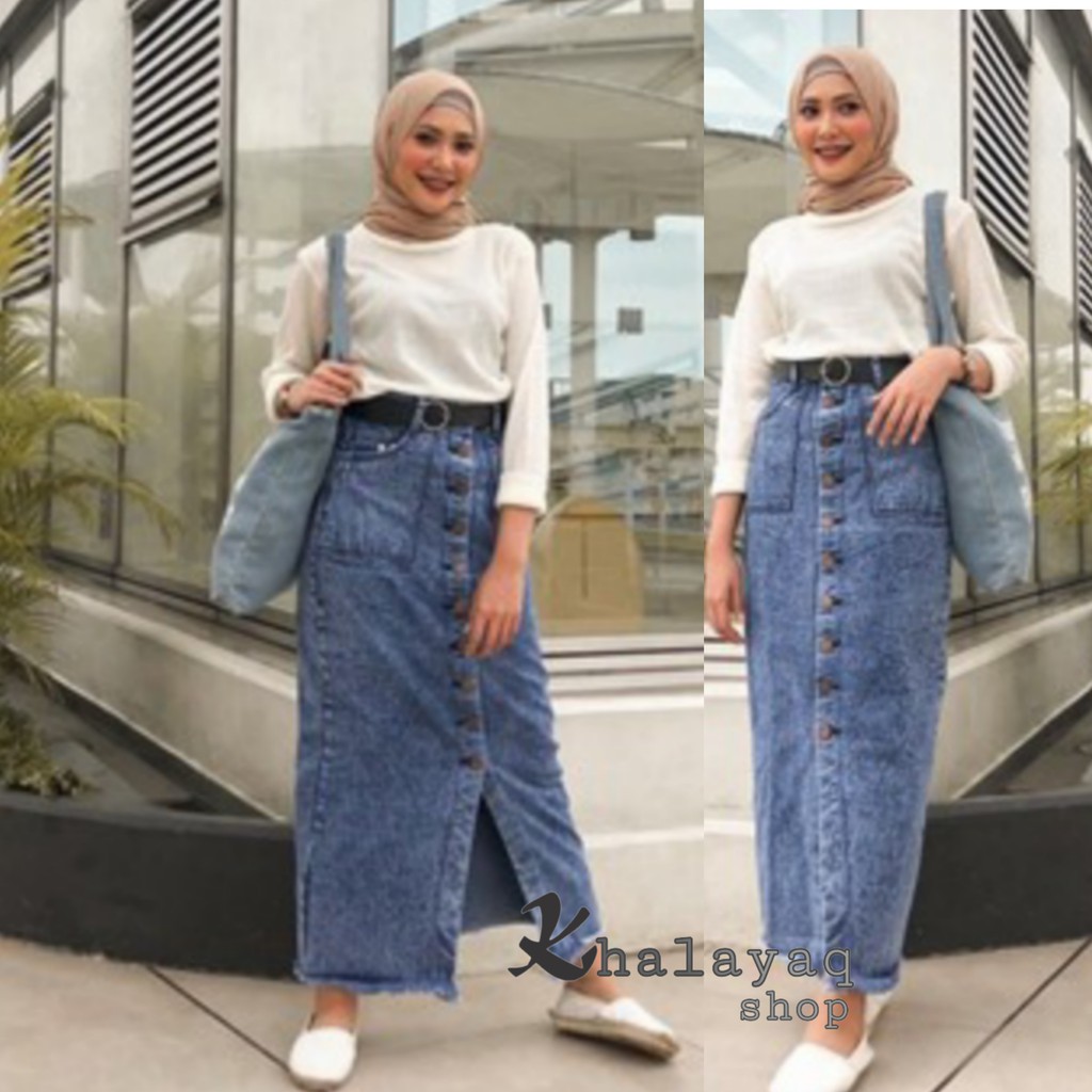 ORIGINAL Rok Jeans Panjang Gisca Kancing Depan Black Snow Blue Nevy bisa COD