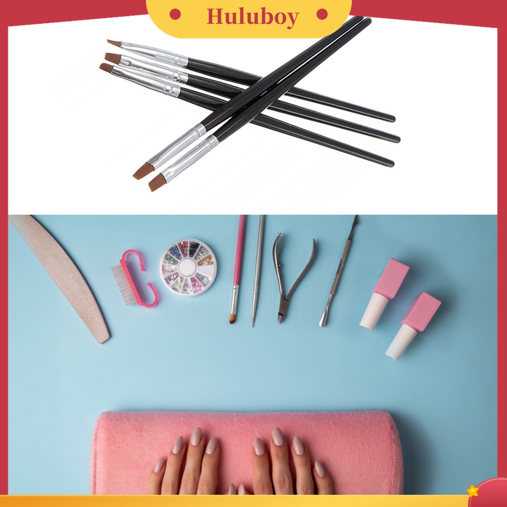 Huluboy Huluboy♡ 5pcs / Set Brush Nail Art Profesional Gagang Kayu Metal Anti Pudar Untuk Wanita