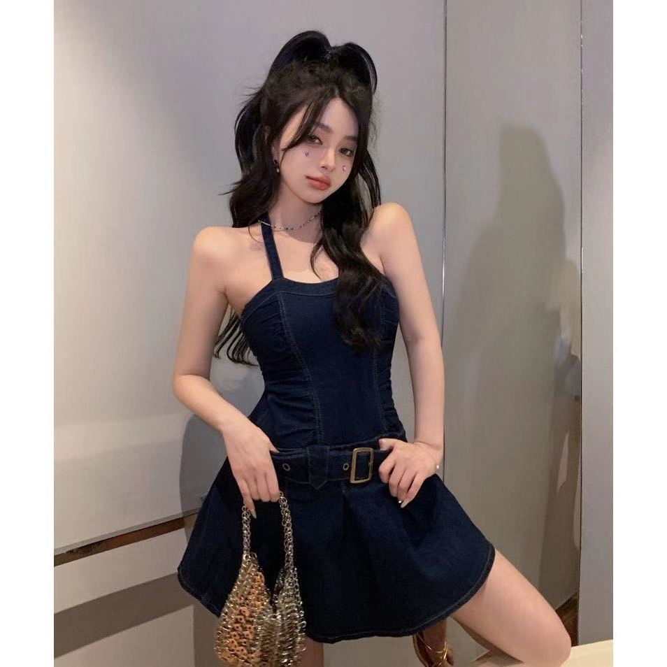 Gaun suspender denim pinggang biru wanita 2022 musim panas baru a-line halter neck tanpa lengan rok