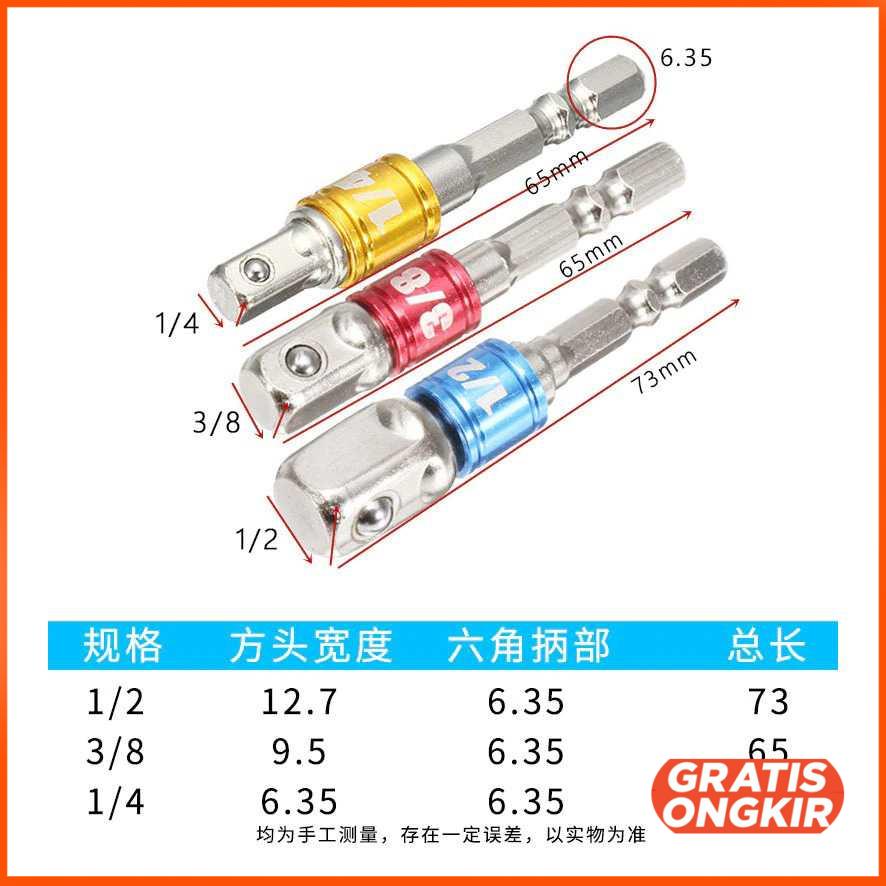 Mata Bor Elektrik Adapter Extension Bits Hex 1per4 3per8 1per2 3 PCS