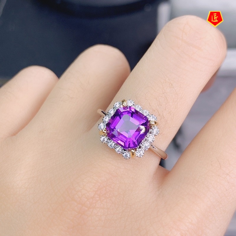 [Ready Stock]Simple Fashion Square Diamond Amethyst Ring for Women