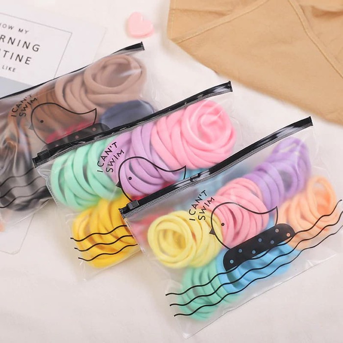 POUCH IKAT RAMBUT KOREA &quot;I Can Swim&quot; - Towel Ring Isi 48 pcs + FREE Pouch - ELASTIS