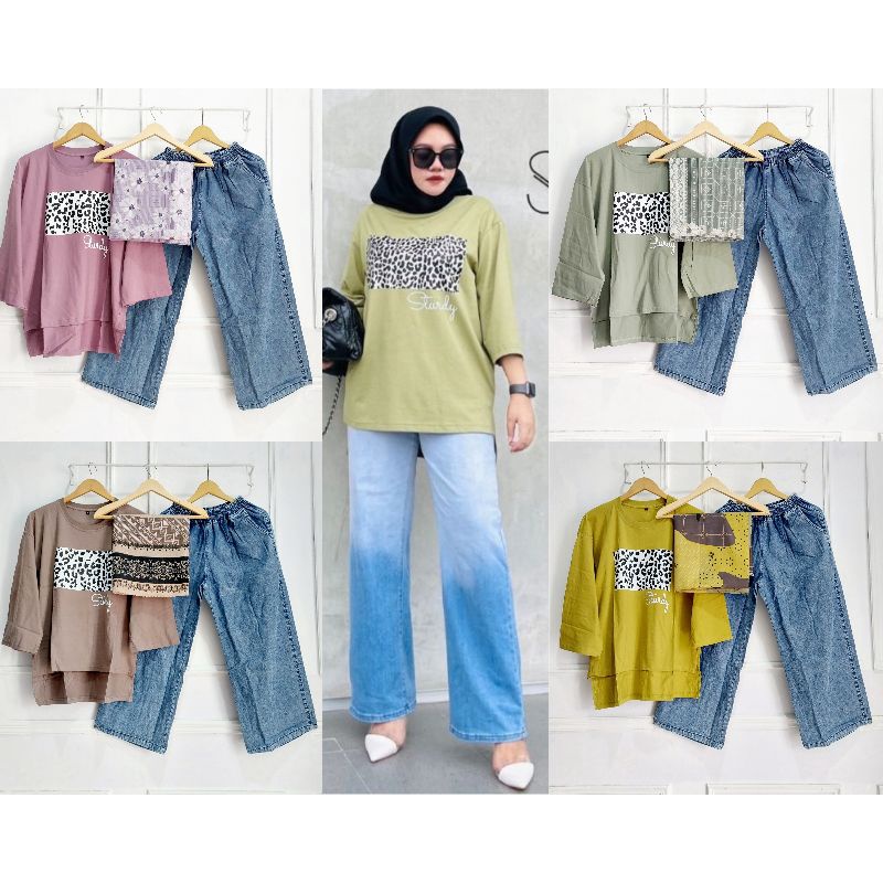 Set Kaos Combed Kulot Jeans Panjang//Set Kulot Jeans Oversize//Set Wanita