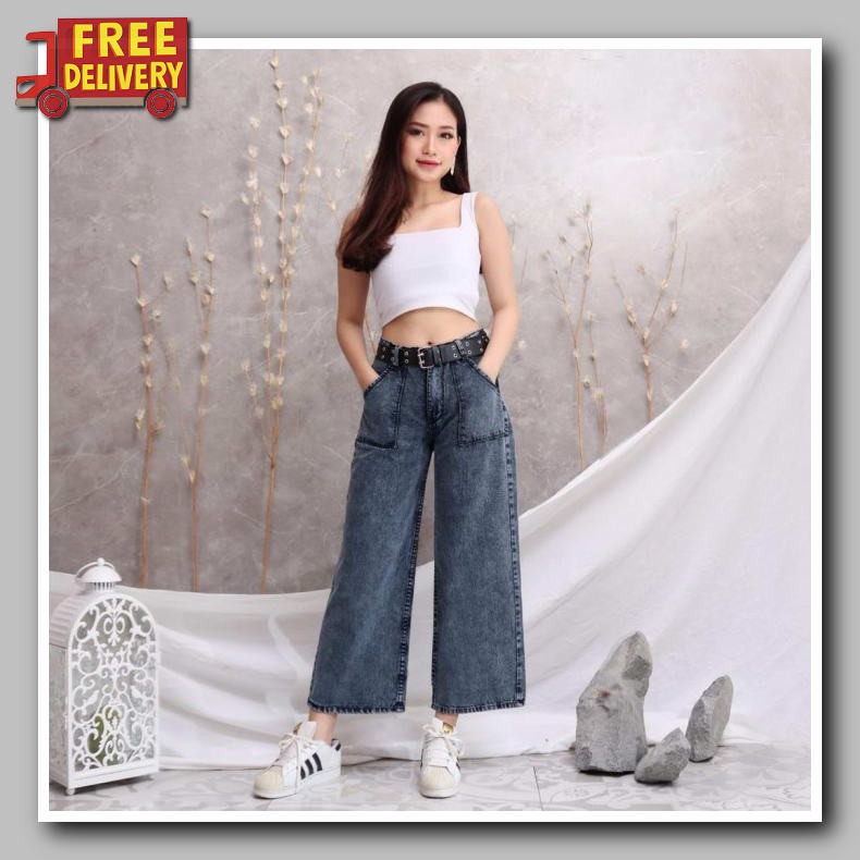 Celana Jeans Wanita Hw Highwaist Biru White Ripped Knee No Sobek  OF865 Bjd - Celana Jeans Kulot Wa