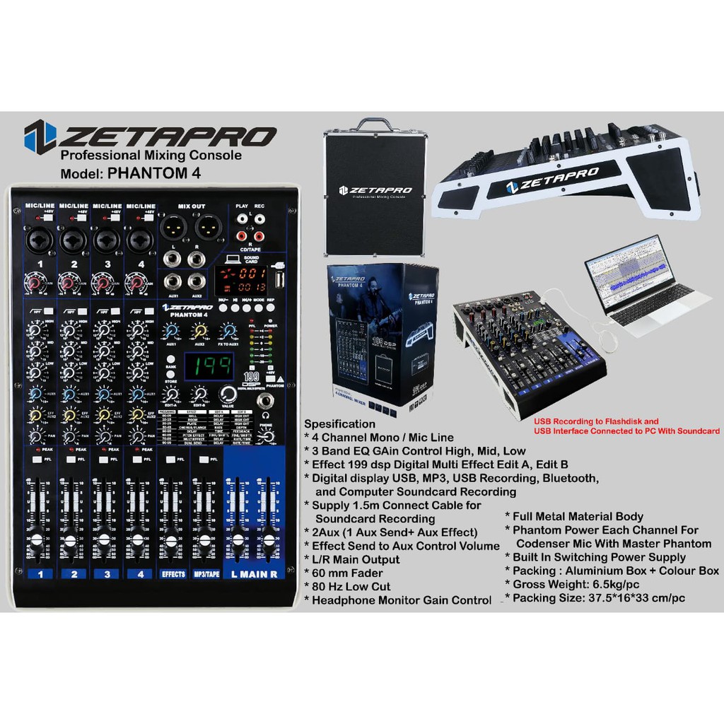 Mixer 4 Channel Zetapro Phantom 4 USB Bluetooth Recording Soundcard Effect 199Dsp