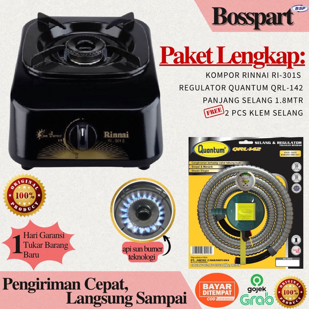 Paket Kompor Gas Rinnai 1 Tungku RI-301s bonus selang regulator Quantum / Rinnai RI-201S