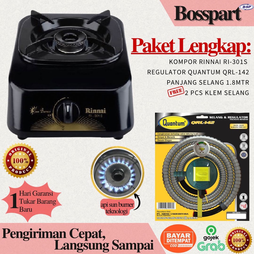 Paket Kompor Gas Rinnai 1 Tungku RI-301s bonus selang regulator Quantum