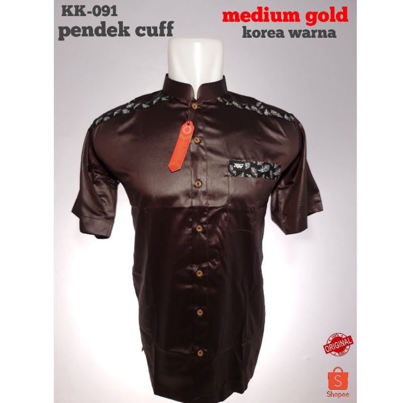 AL-WAFA baju koko muslim dewasa lengan pendek size S-M-L-XL (medium gold satin korea)