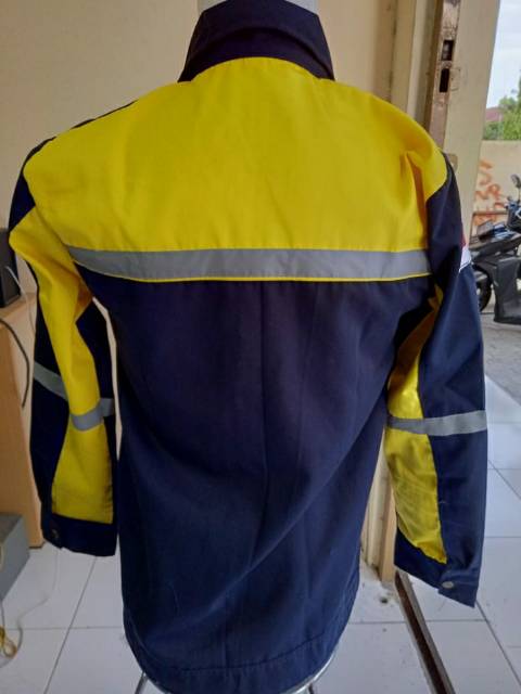 SERAGAM BAJU SAFETY DONGKER KOMBINASI KUNING KAIN DRILL RESLETING