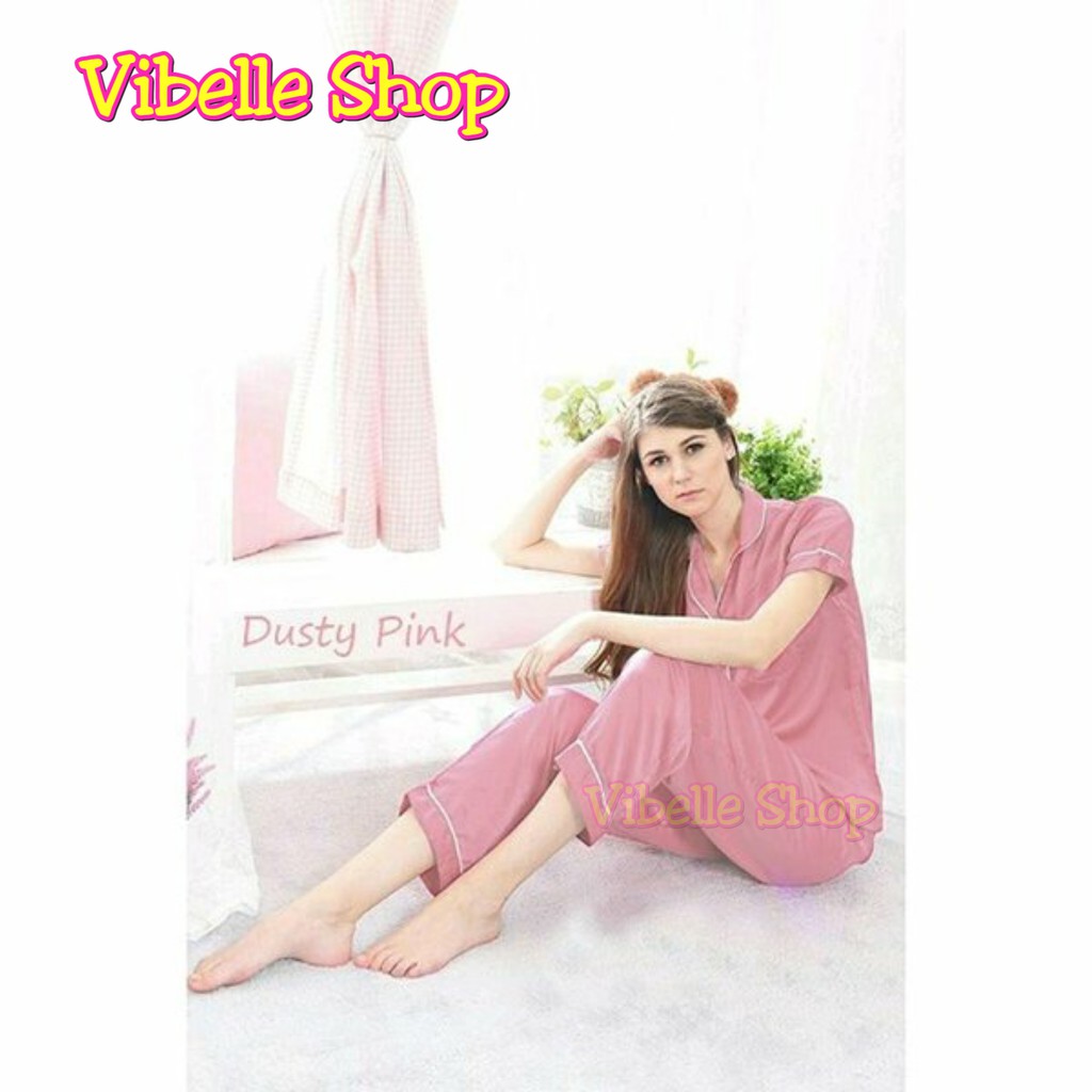 SATINCP - Satin Silky Velvet Premium Vibelle Shop Grosir Baju Tidur CP Piyama Fashion Murah Wanita-Pink Dusty