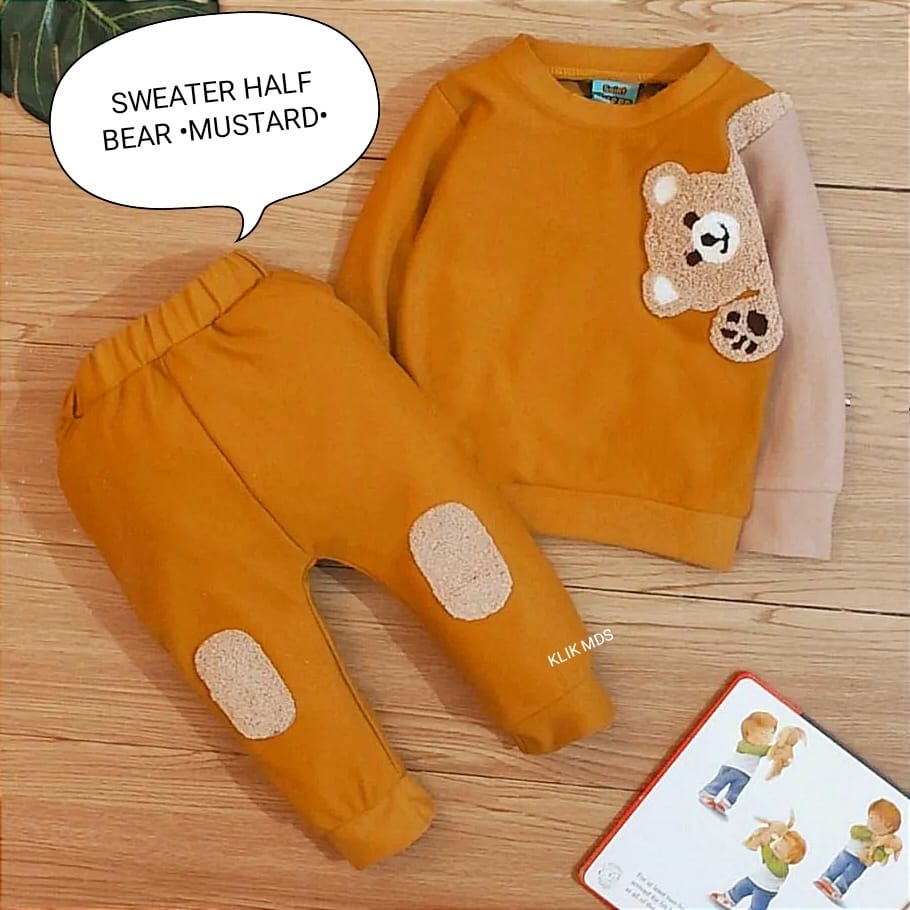 Setelan Anak Cowok - Baju Bayi Laki - Laki Model Sweater Tangan Panjang Celana Panjang Motif Half Bear Usia 6 Bulan-3 Tahun