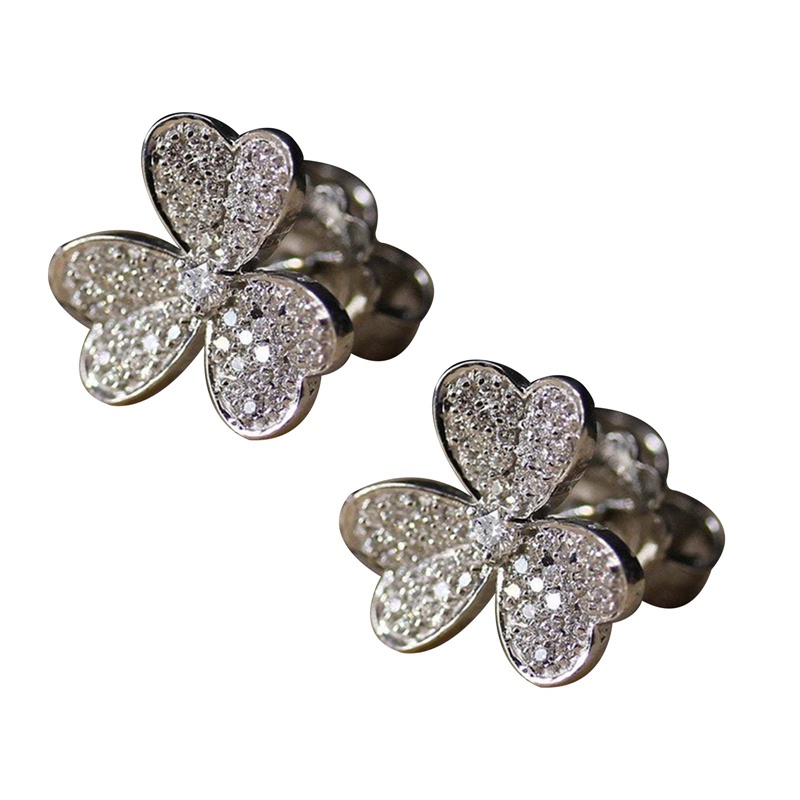 Anting Tusuk Desain 3 Daun Clover Hias Berlian Untuk Hadiah Anniversary