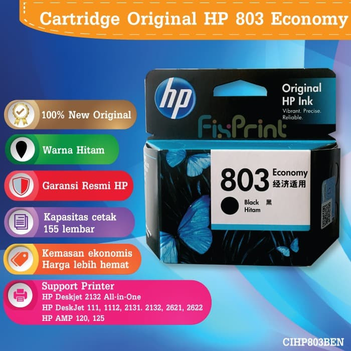 Cartridge HP 803 Black Original Economy Tinta Printer 1112 2132 FPTS1587