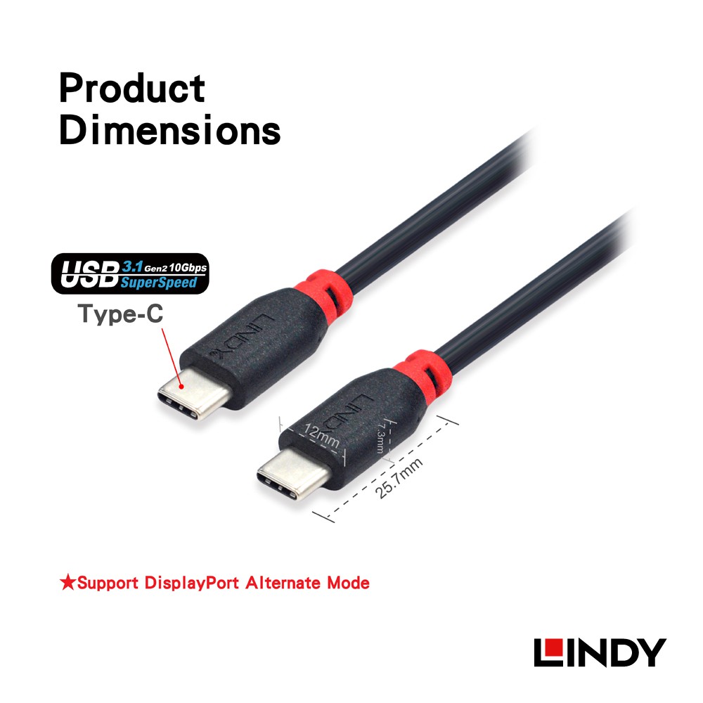 LINDY #41907 USB 3.1 Cable - Type C Male to Type C Male, Black , 1.5m