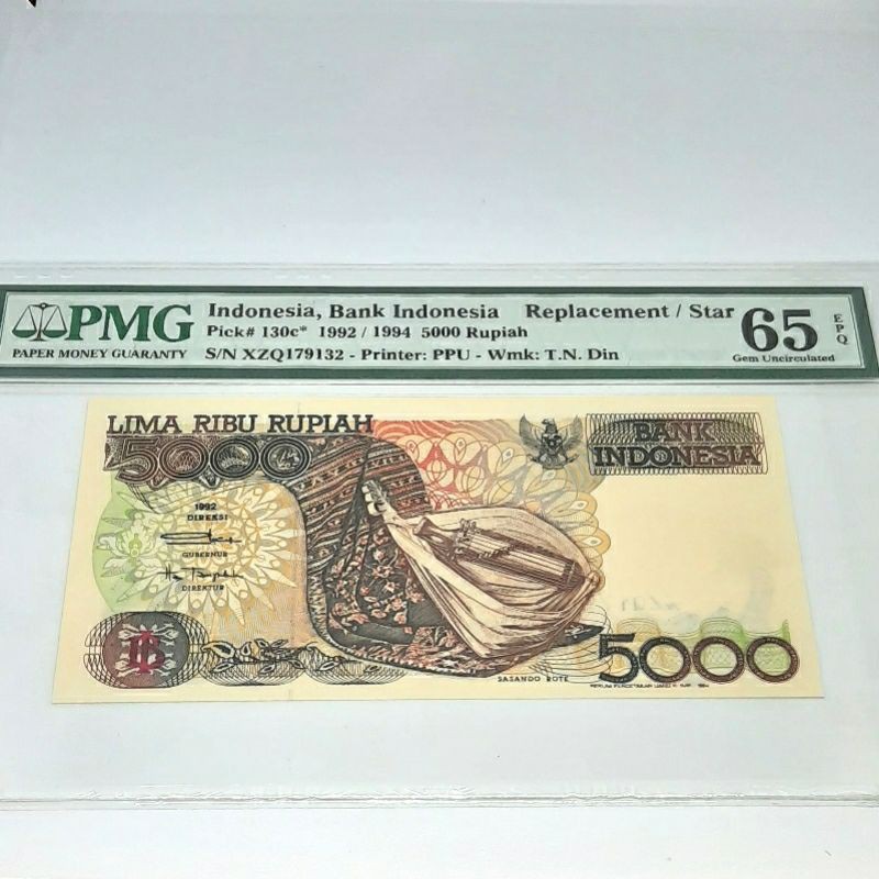 Uang Kertas Kuno SASANDO 5000 Rupiah 1992 IMP 1994 KEYDATE REP STAR PMG 65 EPQ