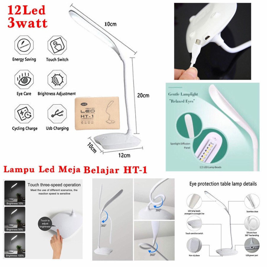 Lampu Meja belajar HT-1 Baca LED Touch Lampu Meja Belajar Fleksibel Desk Lamp Led flexible lampu portable usb Rechargeable