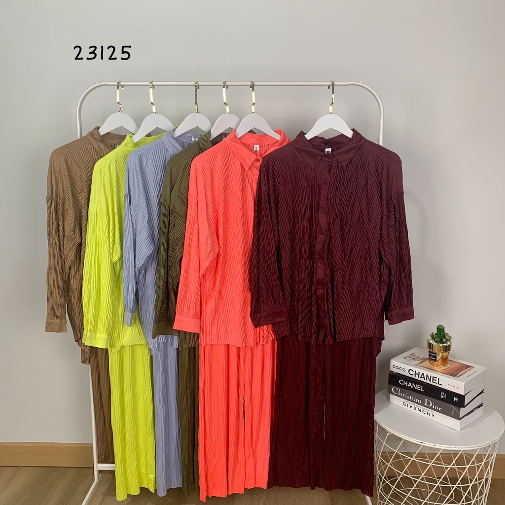 23125 ONE SET CELANA PJ KULOT PLISKET PLEADS ATASAN MODEL KEMEJA BELAH DEPAN OVERSIZED TANGAN 3/4 SETELAN PLISKET PLEADS CELANA KULOT SET BASIC WANITA PLISKET-1