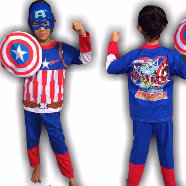BAJU ANAK / SETELAN / KOSTUM KAPTEN AMERIKA BERTOPENG DAN BERTAMENG