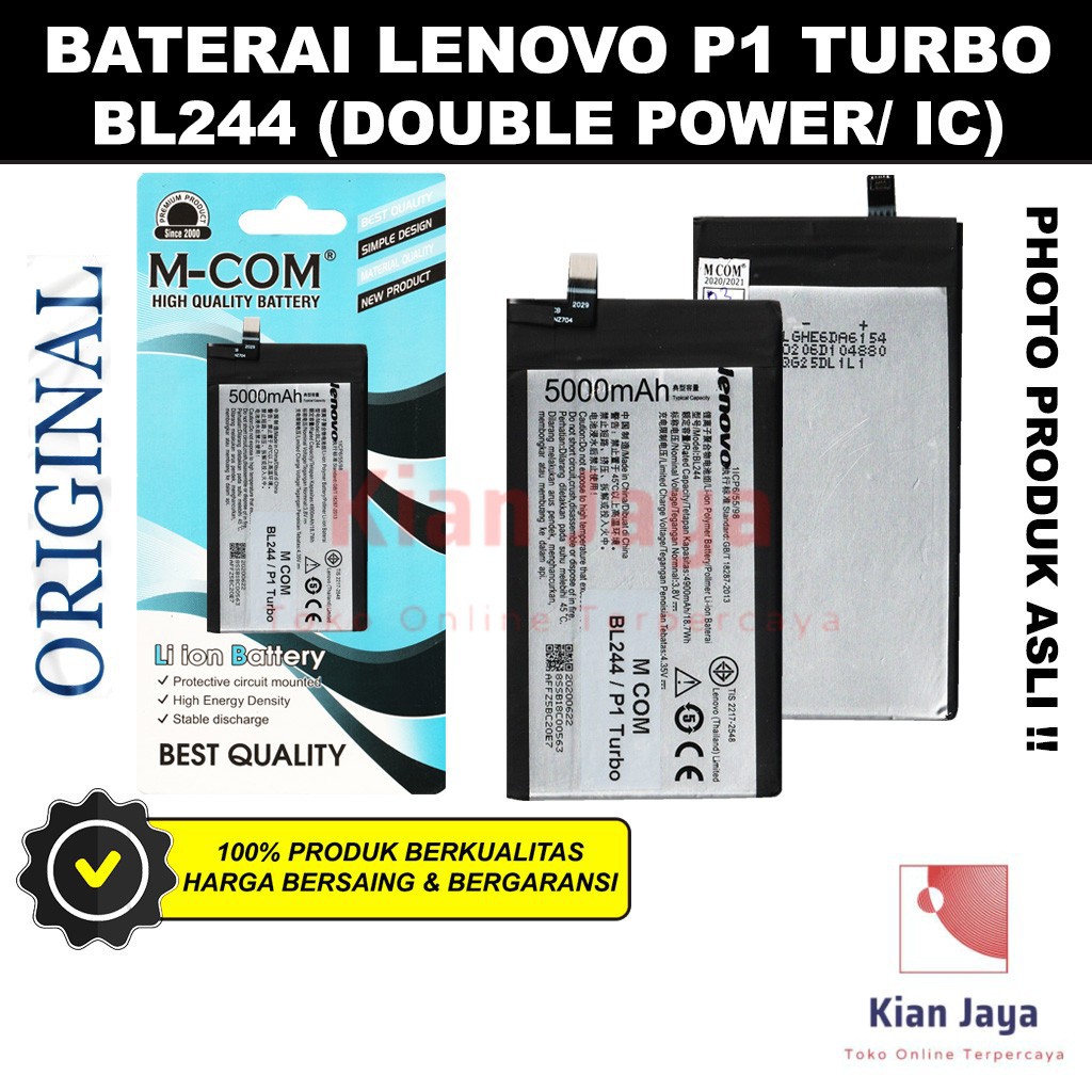 MCOM Baterai Hp Lenovo P1 Turbo / BL244 Original Double Power Batre Batrai Battery Ori