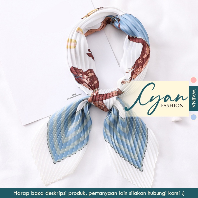 &quot;Heva&quot; 70x70 cm Pleated Pleats Diagonal Scarf, Scarf Leher, Scarf Tas, High Grade Silk Immitation