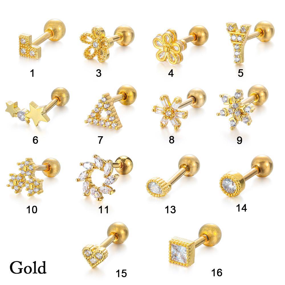 Lily 1PC Anting Tindik Tulang Rawan Perhiasan Tubuh CZ Zircon Silver/Gold Plated Stainless Steel