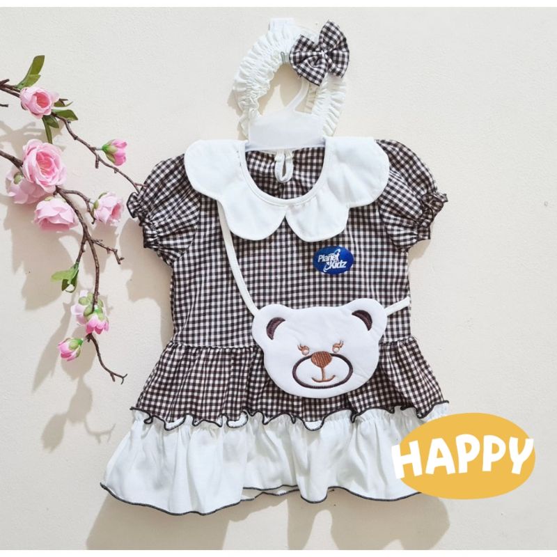 DRESS MOTIF BEAR BONUS BANDANA BAJU ANAK BABY (0-7BLN)CEWEK LUCU MURAH