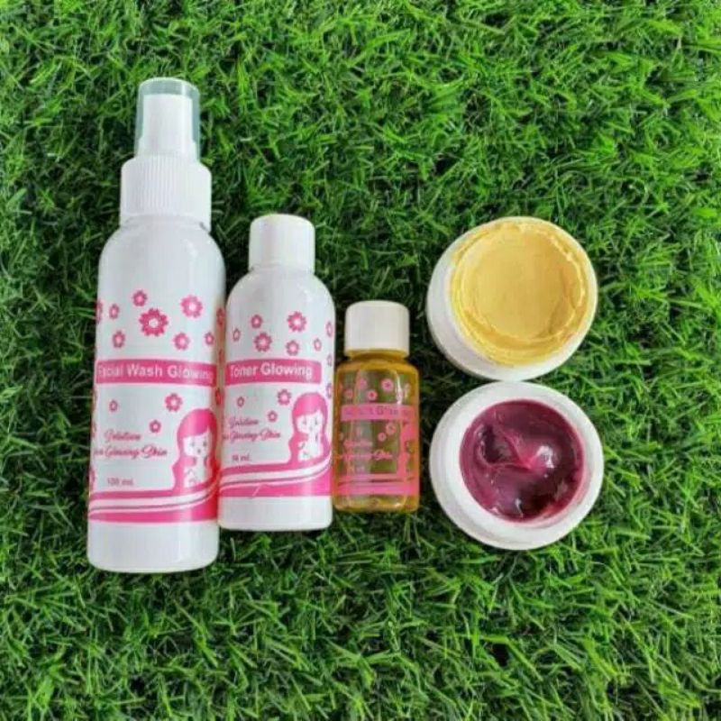 Paket Glowing/ Kinclong Versi Lama isi 5 Item /paket Night Cream Dosting Extract Anggur Free Pouch