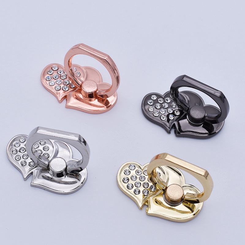 Heart-shaped Diamond Double Love Metal Ring Buckle with Diamond Back Stick Phone Stand