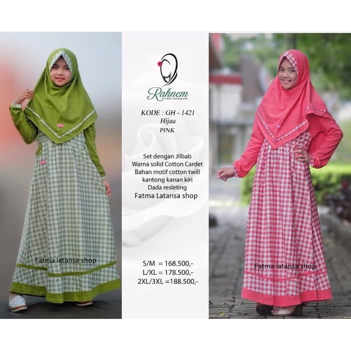 gamis anak/rahnem gh 1421/baju anak plus hijab/gamis kotak kotak/dress - Merah Salem- S