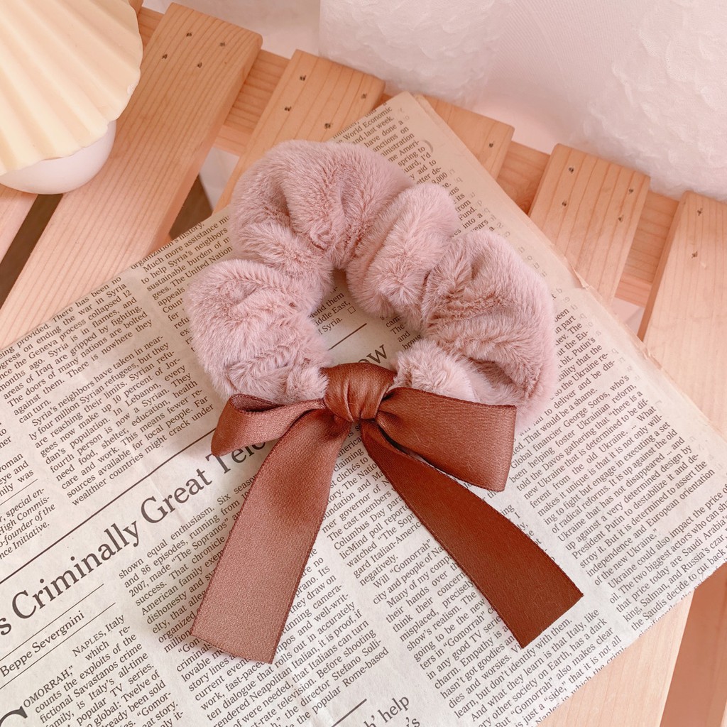 Ikat Rambut Karet Pita Wanita  Fashion Gaya Korea / Srunchie Karet Rambut Aksen Pita Daily Import-Coklat