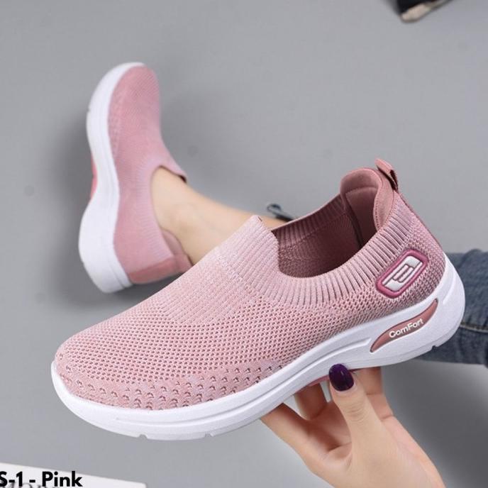 Sepatu Sneakers Wanita Tanpa Tali Kets Import Sole Anti Licin Lari S-1